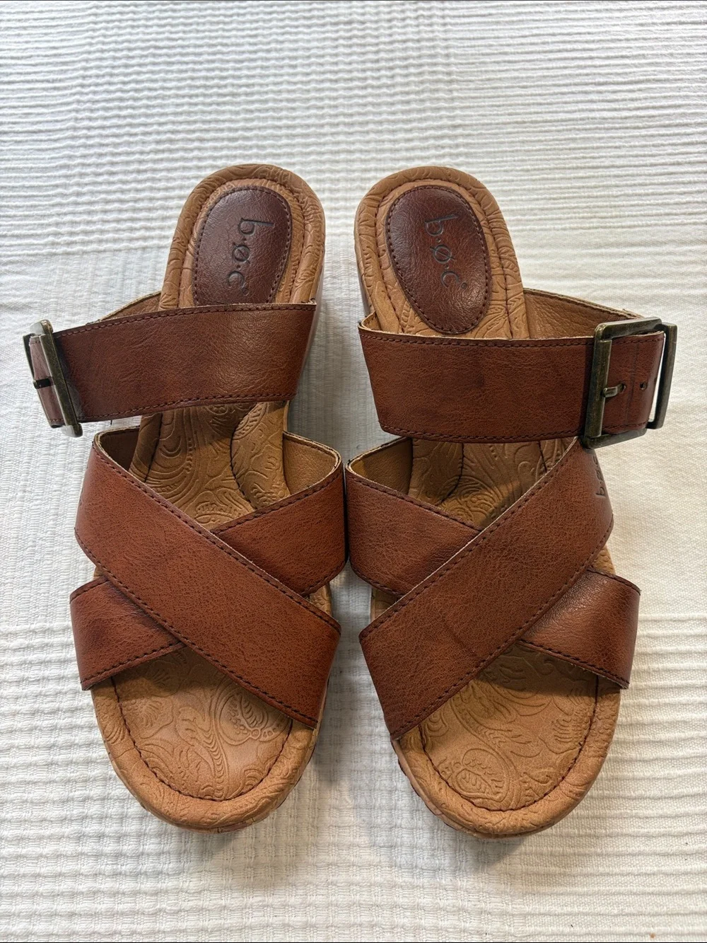 b.o.c. Tan/Brown Crisscross Leather Slide Sandals